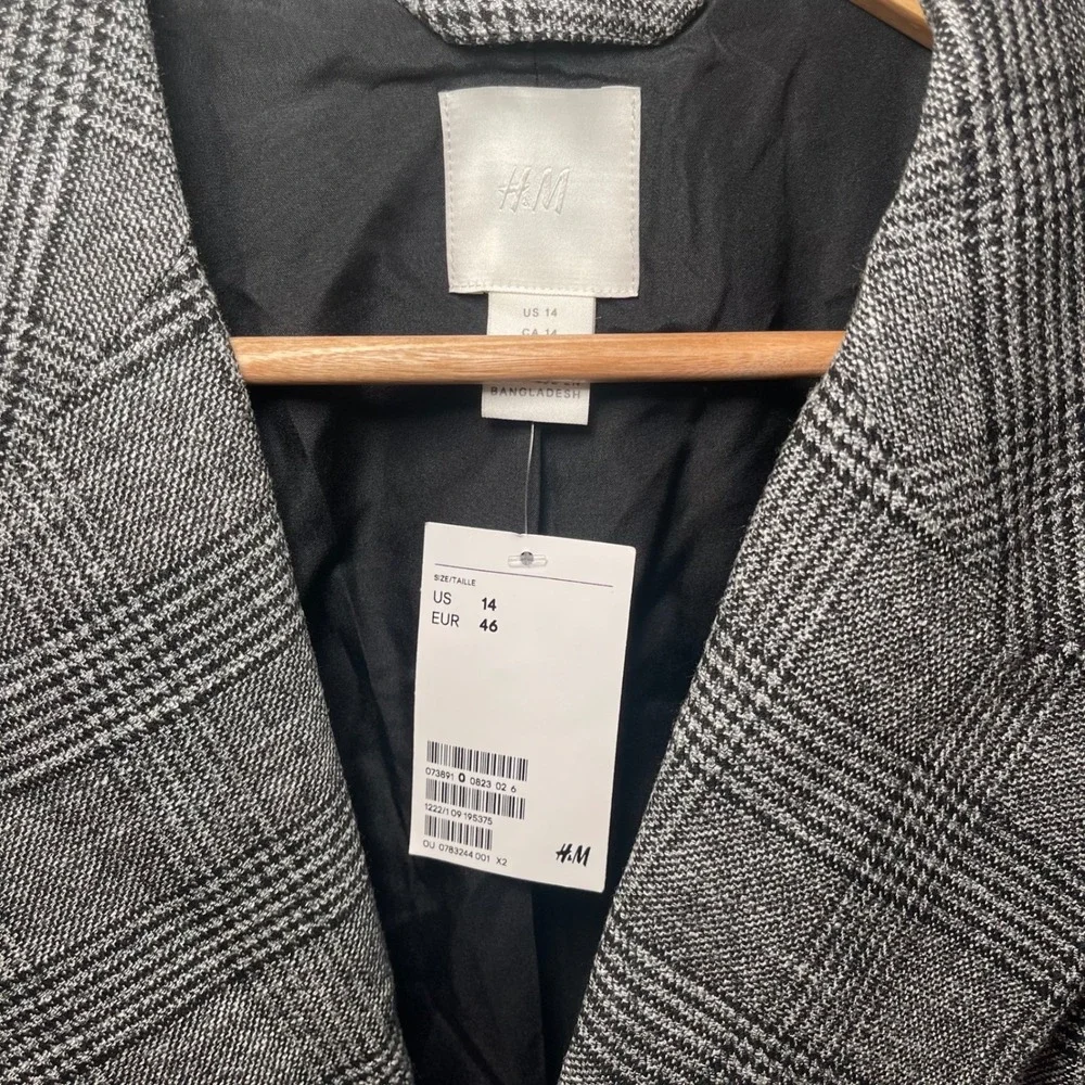 H&M Plaid Double Breasted Blazer Suit Jacket Women 14 Gray Black White NWT Heavy